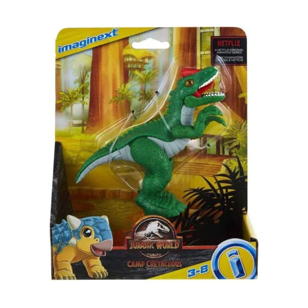 Imaginext Jurassic World Camp Cretaceous Allosaurus Dinosaur by Imaginext comes in packaging with a green dinosaur figure and illustrated background, ideal for ages 3–8.