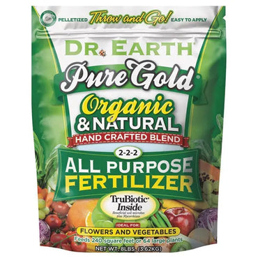 Front of a 2 Pack - Dr. Earth Pure Gold Organic 2-2-2 Natural All-purpose Fertilizer 8lb Bag, showcasing product info, usage tips, assorted produce images, TruBiotic formula highlights, and pelletized organic fertilizer benefits.