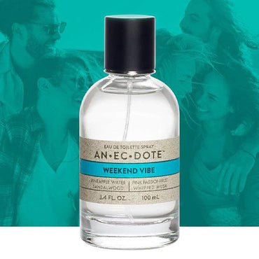 A bottle of Anecdote Weekend Vibe Eau De Toilette Spray 3.4oz by Anecdote is displayed against a teal background with a faded image of smiling people.