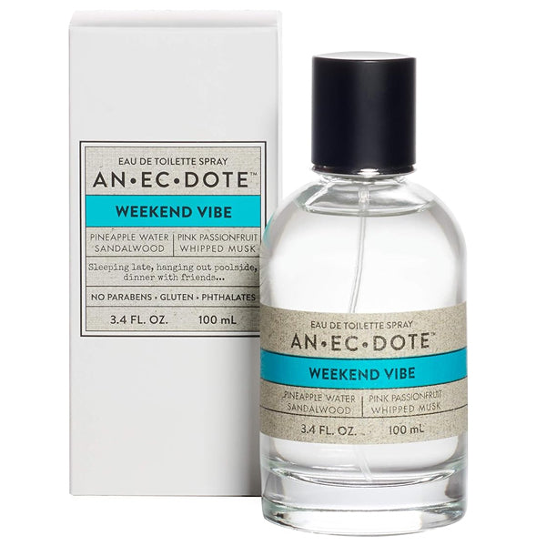 Anecdote Fragrances Weekend Vibe Eau De Toilette Spray 3.4oz by Anecdote features citrus-woody notes of pineapple, sandalwood, passionfruit, and whipped musk in a clear glass bottle with box.