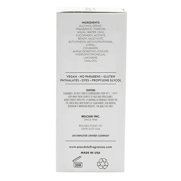 The back of the Anecdote Fragrances Weekend Vibe Eau De Toilette Spray 3.4oz box features notes of citrus and wood, ingredients list, vegan and gluten-free icons, caution details, company info, website, and recycling symbols.