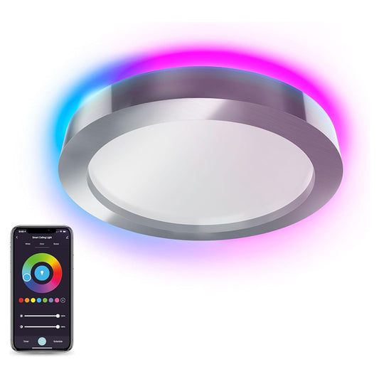 The Atomi Smart WiFi LED Ceiling Light (2200 lumens, 24W) features a round, modern design with color-changing and dimmable options, shown alongside a smartphone displaying the Atomi Smart app’s color control interface.