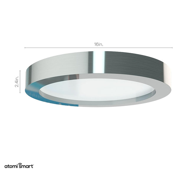 The Atomi Smart WiFi LED Ceiling Light is a 16 round, brushed metal fixture (2.4 high), offering 2200 lumens of color-changing, dimmable light. Control via Alexa/Google Assistant with the Atomi Smart app. 24W power.