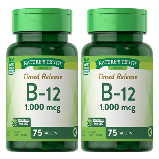 Two bottles of Natures Truth B12 Vitamin Supplement, 1000 mcg, 75 tablets each; a vegetarian formula that is gluten free and non-GMO.