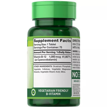 2 Pack of Natures Truth B12 Vitamin Supplement, each bottle contains 75 tablets with 1000 mcg of Cyanocobalamin per serving; vegetarian formula with supplement facts label.