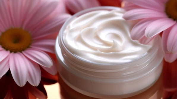 An open jar of white cream is placed between two pink flowers with yellow centers.