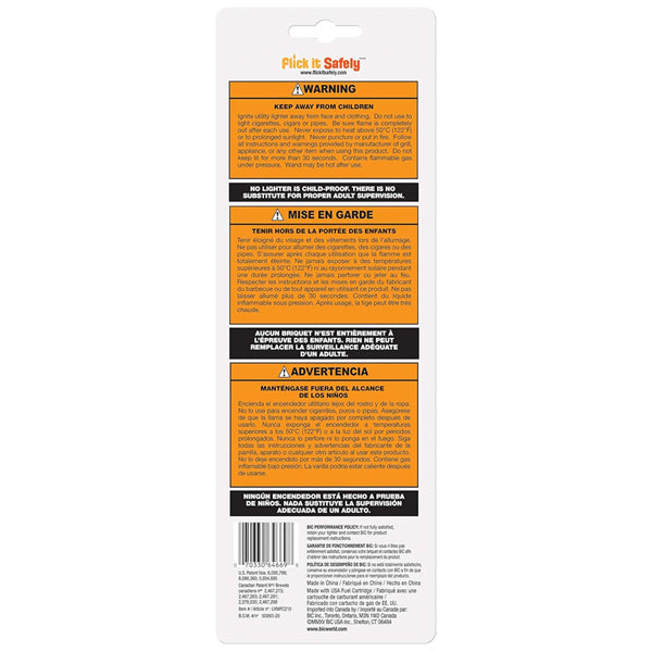 The back of the BIC Multi-Purpose Candle Edition Lighter & Flex Wand Lighter 2-Pack displays safety warnings and instructions in English, French, and Spanish, stressing to keep BIC lighters out of childrens reach.