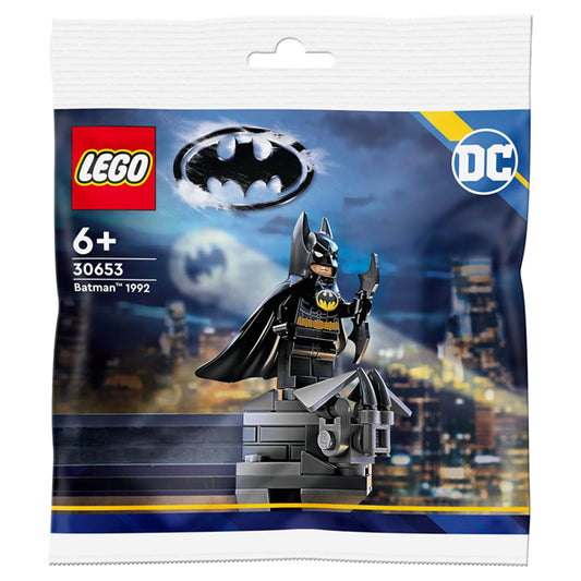 LEGO DC Super Heroes Batman 1992 Polybag Set 30653 by LEGO, includes the classic Batman minifigure on a pedestal with Gotham City backdrop in packaging. Suitable for ages 6+.