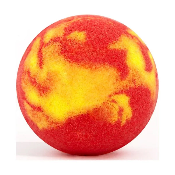 The Da Bomb 4 Pack Tattoo Bath Fizzers features round 3.5oz bombs in red and yellow with a fiery, marbled pattern, displayed against a white background.