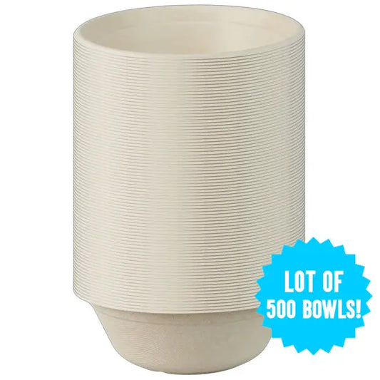 A cream-colored, textured 24oz bowl from Emerald Ecovations, labeled 500 Count, made from tree-free, compostable fiber for eco-friendly use.