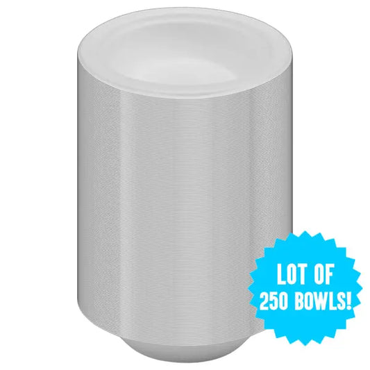 A stack of Emerald Ecovations Tree-Free Compostable 12oz Bowls, featuring a label that reads LOT OF 250 BOWLS!—an eco-friendly choice for your next gathering.