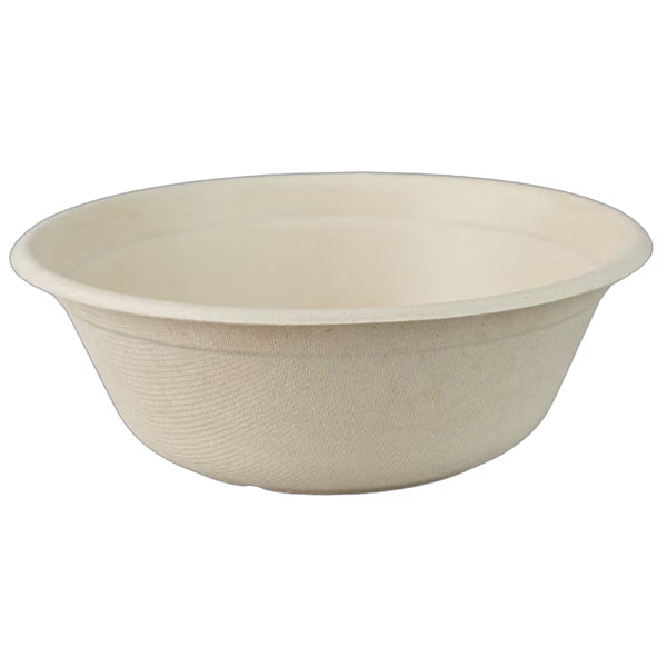 The Emerald Ecovations 500 Count Tree-Free 24oz Fiber Bowl is a plain, round, beige compostable and eco-friendly disposable bowl shown on a white background.