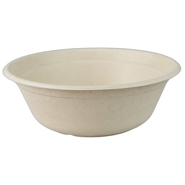 The Emerald Ecovations 500 Count Tree-Free 24oz Fiber Bowl is a plain, round, beige compostable and eco-friendly disposable bowl shown on a white background.