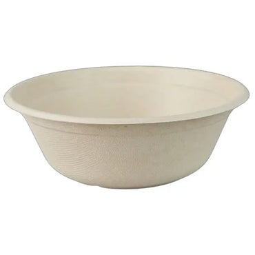 The Emerald Ecovations 500 Count Tree-Free 24oz Fiber Bowl is a plain, round, beige compostable and eco-friendly disposable bowl shown on a white background.
