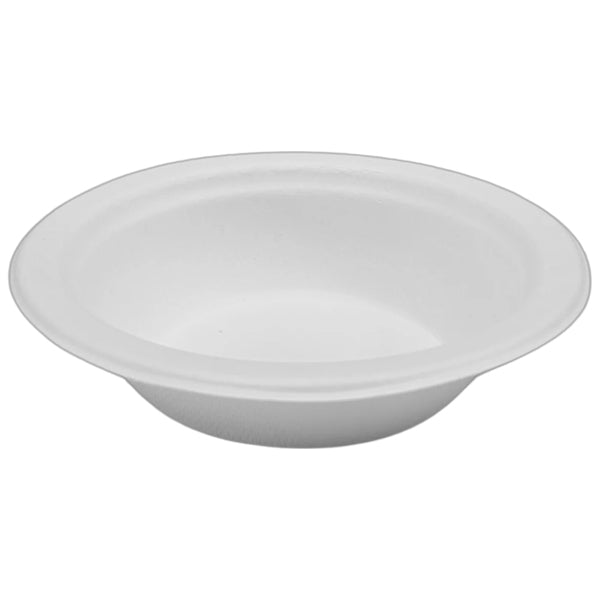 The Emerald Ecovations Tree-Free Compostable Eco-Friendly 12oz Bowls, available in a 250-count pack, are plain white, disposable bowls with wide rims—an eco-friendly dining solution from Emerald Ecovations.