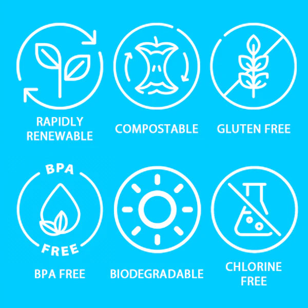 Six icons on a blue background indicate the 500 Count Emerald Ecovations Tree-Free Compostable 24oz Fiber Bowl is Tree-Free™, compostable, gluten free, BPA free, biodegradable, and chlorine free.