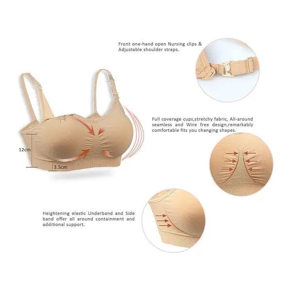 The GXXGE 4Pack Seamless Nursing Maternity Bra for Breastfeeding, Size XL, features a beige, wirefree, padded design with adjustable straps, front clips for easy nursing, elastic underband, side support, and stretchy fabric for comfort.