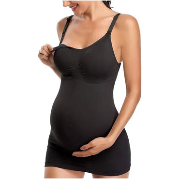 A pregnant woman in a black BRLIDO Womens Nursing Tank Top Built in Bra Breastfeeding Maternity lifts one strap to reveal easy nursing clasps while holding her belly with the other hand.