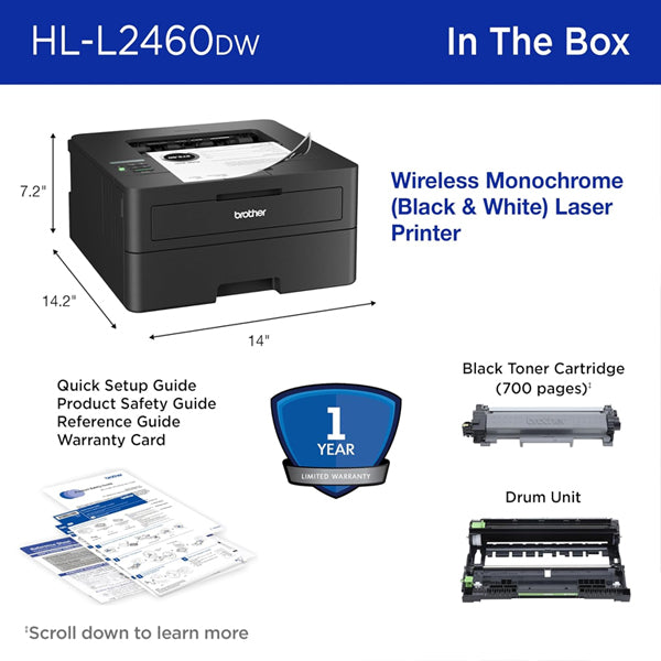 Brother HL-L2460DW Wireless Compact Monochrome Laser Printer with Duplex Brother