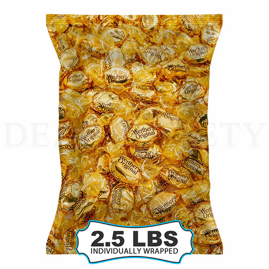 Werthers Original Hard Caramel Candy, 2.5 lb bulk bag, features individually wrapped pieces in classic gold packaging—perfect for sharing or snacking.