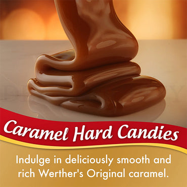 A close-up of smooth, melted caramel with the text Werther’s Original Hard Caramel Candy 2.5 lb Bulk Bag—individually wrapped for freshness and rich, delicious caramel taste from Werthers.