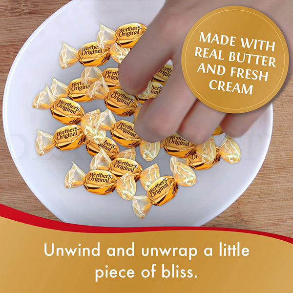 A hand reaches into a white bowl of Werther’s Original Hard Caramel Candy from a 2.5 lb bulk bag pack; a label highlights real butter and fresh cream.