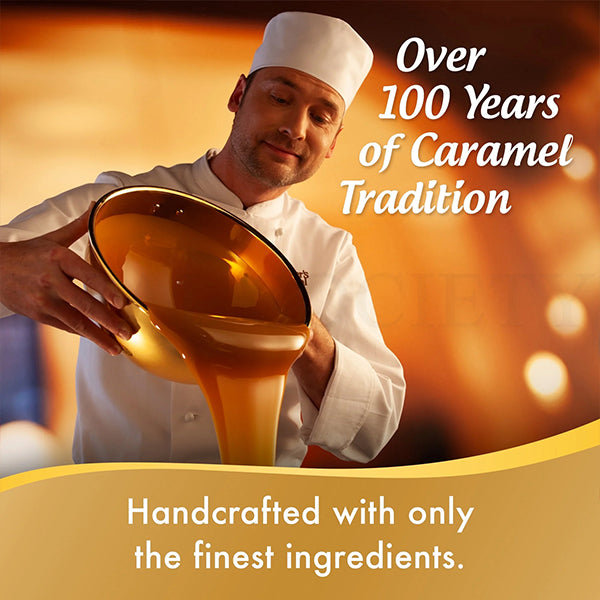 A chef pours caramel; text reads Over 100 Years of Caramel Tradition. Enjoy Werther’s Original Hard Caramel Candy—handcrafted and individually wrapped, made with the finest ingredients, in a 2.5 lb bulk bag pack.
