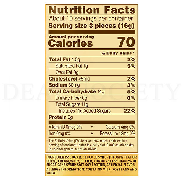 Werther’s Original Hard Caramel Candy 2.5 lb bulk bag by Werthers: 70 calories per 3-piece serving, 1.5g fat, 0mg cholesterol, 60mg sodium, 14g carbs (11g sugars), and 0g protein. Enjoy these individually wrapped caramels anytime!.