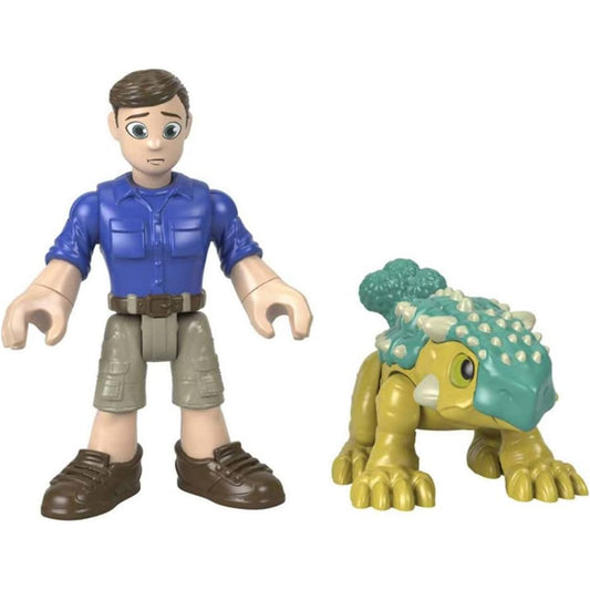The Imaginext Jurassic World Camp Cretaceous Ankylosaurus Bumpy & Ben set includes a Ben figure in a blue shirt and khaki shorts, plus a green and yellow Bumpy Ankylosaurus with white spikes.