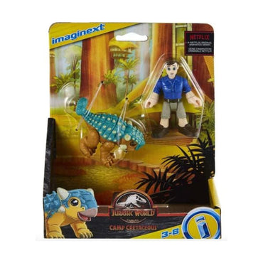 The Imaginext Jurassic World Camp Cretaceous Ankylosaurus Bumpy & Ben set includes a Ben figure and baby Ankylosaurus Bumpy in packaging, recommended for ages 3-8.