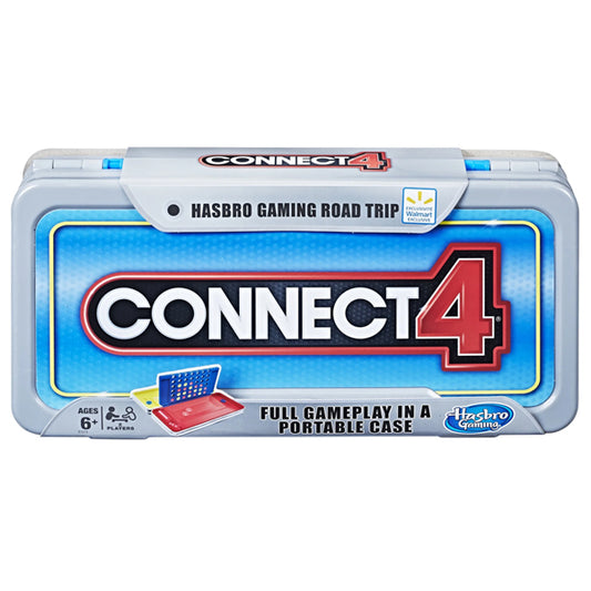 A rectangular Hasbro Gaming Road Trip Series Connect 4 Board Game in a portable case, featuring bold text, age rating 6+, and an image of the travel game on the front. Brand: Hasbro.