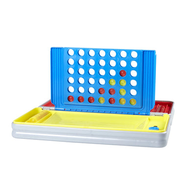 The Hasbro Gaming Road Trip Series Connect 4 Board Game in Portable Case features red and yellow discs on a compact board—ideal for travel and fun on the go.