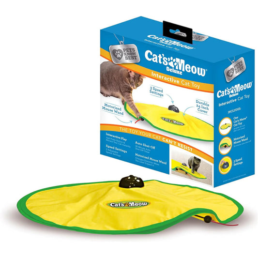 The Pets Know Best Cats Meow Interactive Cat Toy by Pets Know Best features a yellow fabric cover and motorized mouse wand for hours of fun, shown near its blue box with cat graphics. This motion-activated toy keeps cats entertained.