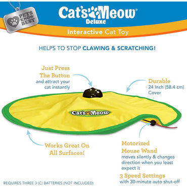 Pets Know Best Cats Meow Interactive Cat Toy features a yellow cover and hidden motorized wand. With 3 speed settings and motion activation, this toy from Pets Know Best helps prevent scratching while keeping cats entertained for hours.