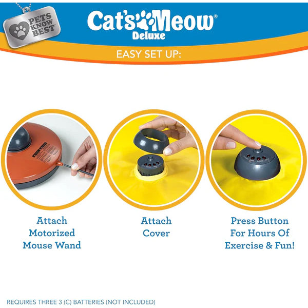 Set up the Pets Know Best Cats Meow Interactive Cat Toy in three steps: attach the motorized wand, add the cover, and press the button to start. Requires three C batteries (not included).