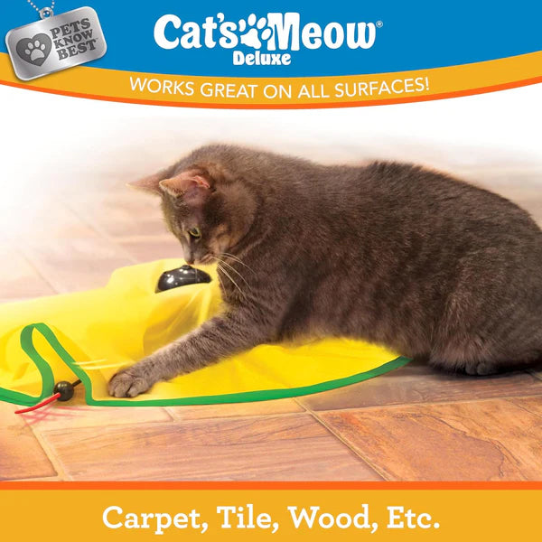 A gray cat plays with the Pets Know Best Cats Meow Interactive Cat Toy on a tiled floor. This motion-activated toy from Pets Know Best works great on all surfaces, including carpet, tile, and wood.