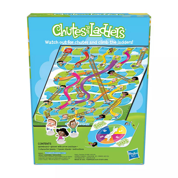 The Hasbro Chutes & Ladders Board Game for Kids (2-4 players) features a vibrant game board, character pieces, and spinner, with fun illustrations of kids climbing ladders and going down chutes.