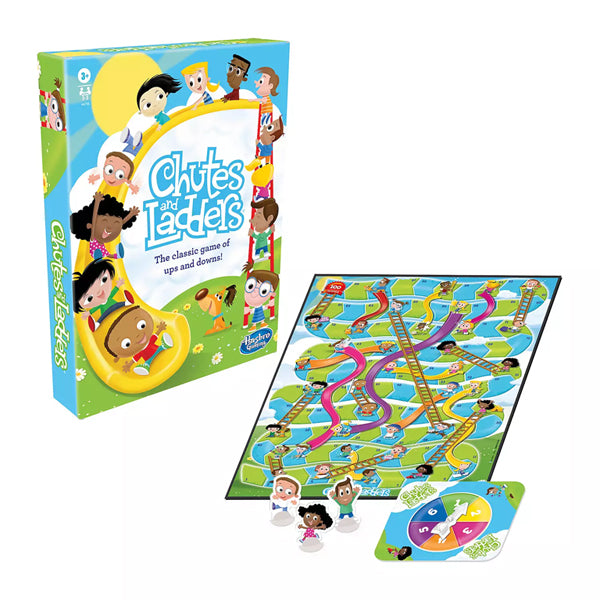 Hasbro Chutes & Ladders Board Game for Kids, 2-4 Players—includes box, game board, spinner, and character pieces displayed on a white background. A classic Hasbro game perfect for family fun and timeless entertainment for kids.