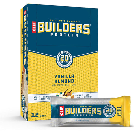 A box of Clif BUILDERS Protein Bars Vanilla Almond Flavor, 12 count, is shown with one bar in front; each 2.4oz non-GMO bar contains 20g protein.