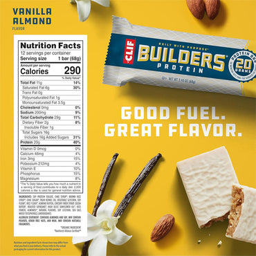 Clif BUILDERS Protein Bars Vanilla Almond Flavor, 20g protein per 2.4oz bar, shown with nutrition facts, almonds, and vanilla beans on yellow background. Text: Good Fuel. Great Flavor. Made with non-GMO ingredients for a better snack choice.