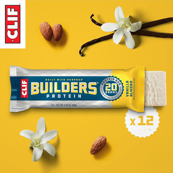 A Clif BUILDERS Protein Bar Vanilla Almond Flavor (20g protein, 2.4oz) is displayed unwrapped on a yellow background with almonds, vanilla flowers, and a 12 count label for the Clif 12-pack.