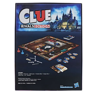 Back of the Hasbro Clue Rivals 2 Players Mystery Edition board game box, featuring the board, pieces, character cards, and a spooky mansion—perfect for fast-paced murder mystery fun.