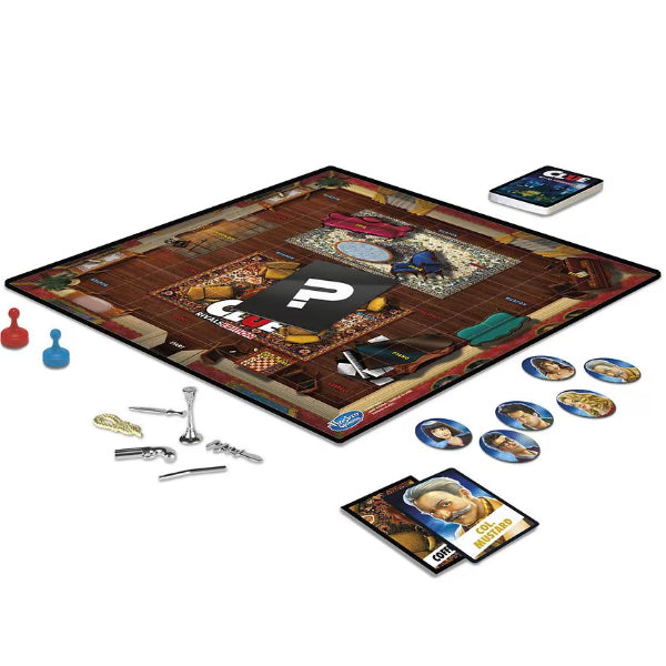 Experience fast-paced mystery with the Hasbro Clue Rivals 2 Players Mystery Edition Board Game—featuring character tokens, weapon pieces, cards, and player pawns arranged for head-to-head gameplay.
