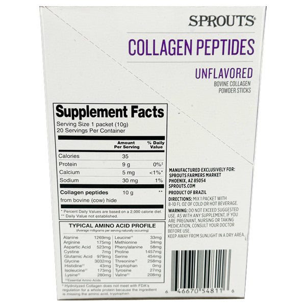 2 Pack - Sprouts Unflavored Collagen Peptides Powder Sticks Pack 20 Count Each
