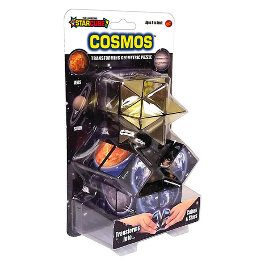 California Creations The Amazing Star Cube Cosmos Edition is a space-themed puzzle toy that transforms between cubes and stars, featuring planetary graphics for endless geometric fun.