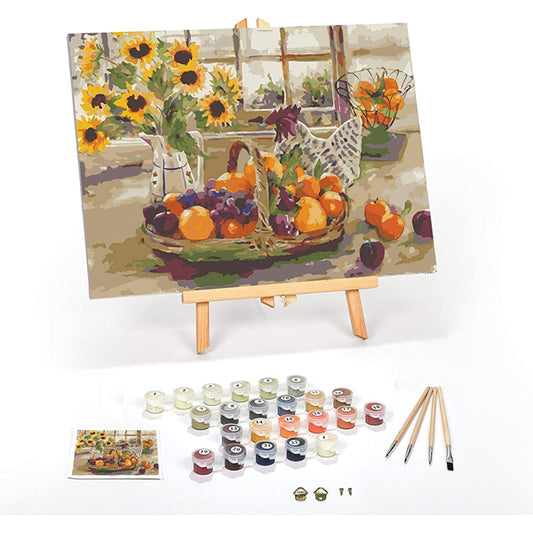 The Ledgebay Paint by Number for Adults Framed Canvas Country Sunshine 16 x 20 kit features a licensed sunflower and fruit design with paint pots, brushes, hardware, and an easel-ready framed canvas.