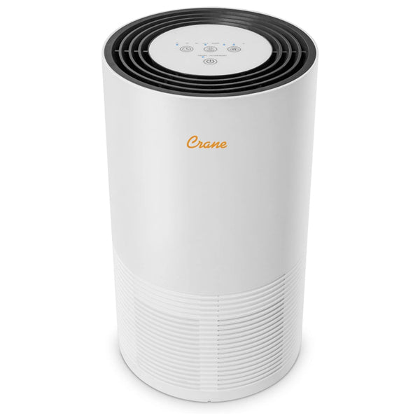 The Crane Air Purifier with True HEPA Filter Germicidal UV Light (EE-5068) is a white, cylindrical purifier with a black top and control panel, branded Crane on the front.