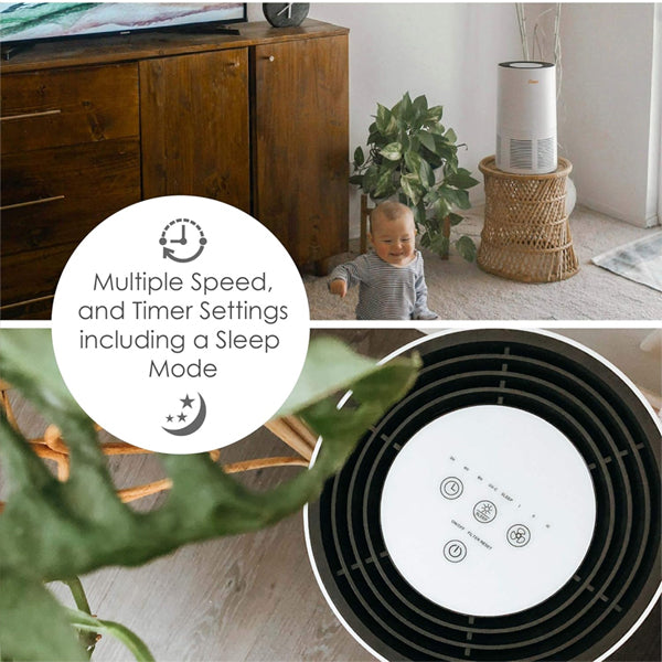 A baby sits on the floor by a plant and a Crane Air Purifier with True HEPA Filter Germicidal UV Light EE-5068; close-up reveals controls for speed, timer, sleep mode, and UV light. Text overlay highlights these features for cleaner air.