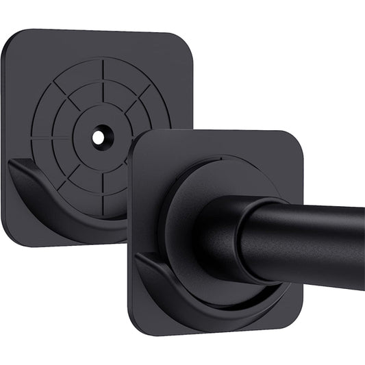Close-up of Vidafelic 4 Pack Adhesive Shower Curtain Rod Mount Holders for Wall in black, securing a cylindrical tension rod, featuring a circular pattern on the mounting plates.