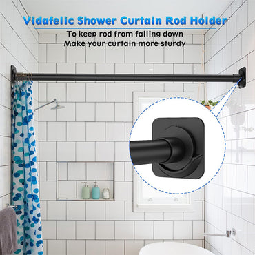 A shower with a black tension rod and blue patterned curtain features Vidafelic’s 4 Pack Adhesive Shower Curtain Rod Mount Holders for Wall, which use adhesive pads to prevent the rod from falling and add stability.